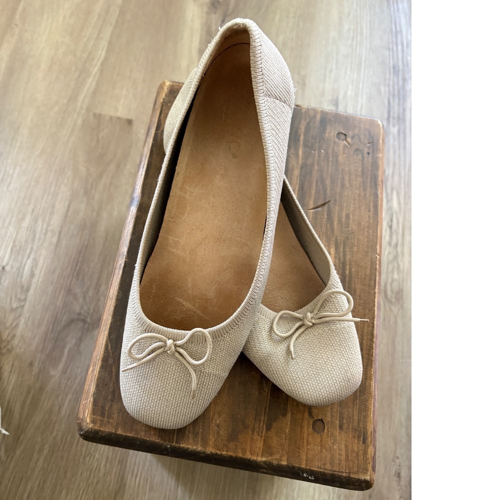 Vionic Klara Oatmeal Gold Knit Ballet Flats Bow Shoes Womens 8.5